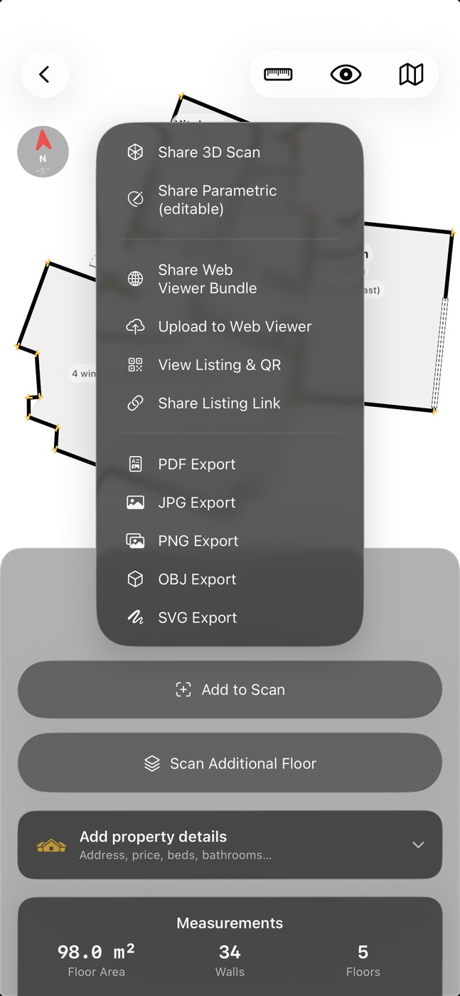 Export menu: PDF, 3D model (OBJ), JPG, PNG and SVG