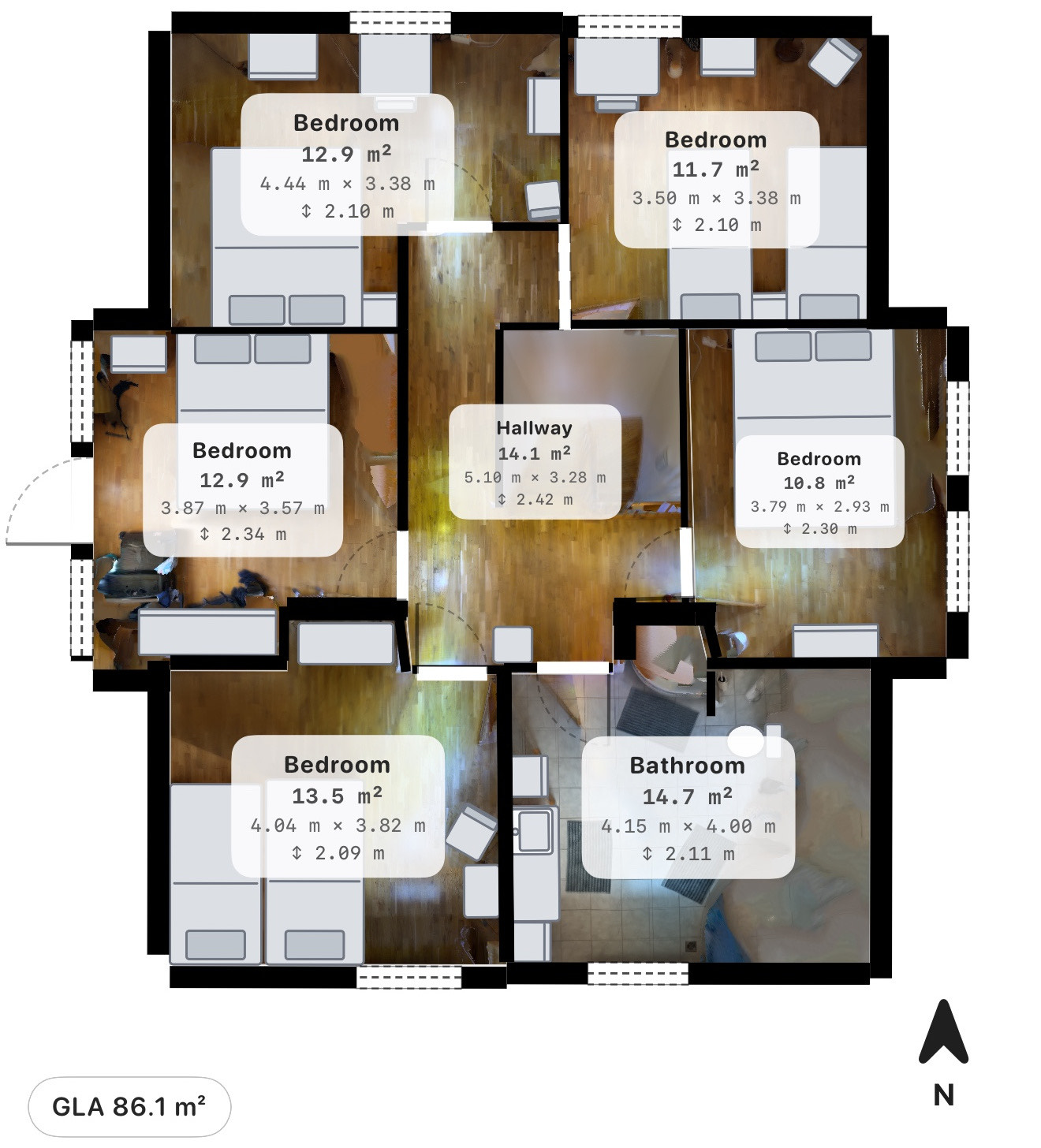 An exported FloorLens floor plan of a flat with five bedrooms, a hallway and a bathroom. Each room is labelled with its area, length × width and ceiling height, and the Gross Living Area total of 86.1 m² is shown at the lower left.