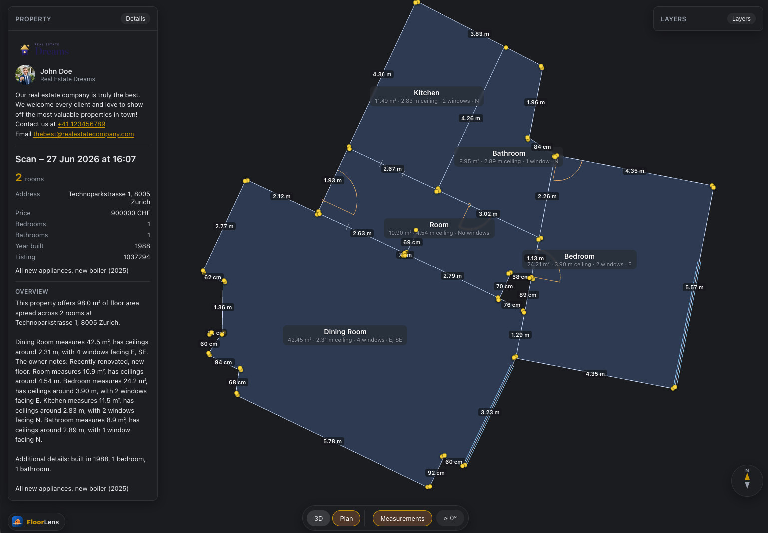 AI-generated floor plan with room areas and measurements