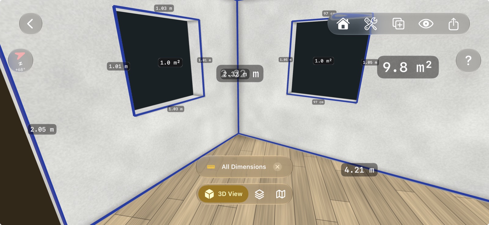 The FloorLens 3D view of a scanned room corner with All Dimensions turned on: wall lengths of 4.21 m and 2.05 m, a wall height of 2.32 m, each window's width, height and area, and a wall area of 9.8 square metres.