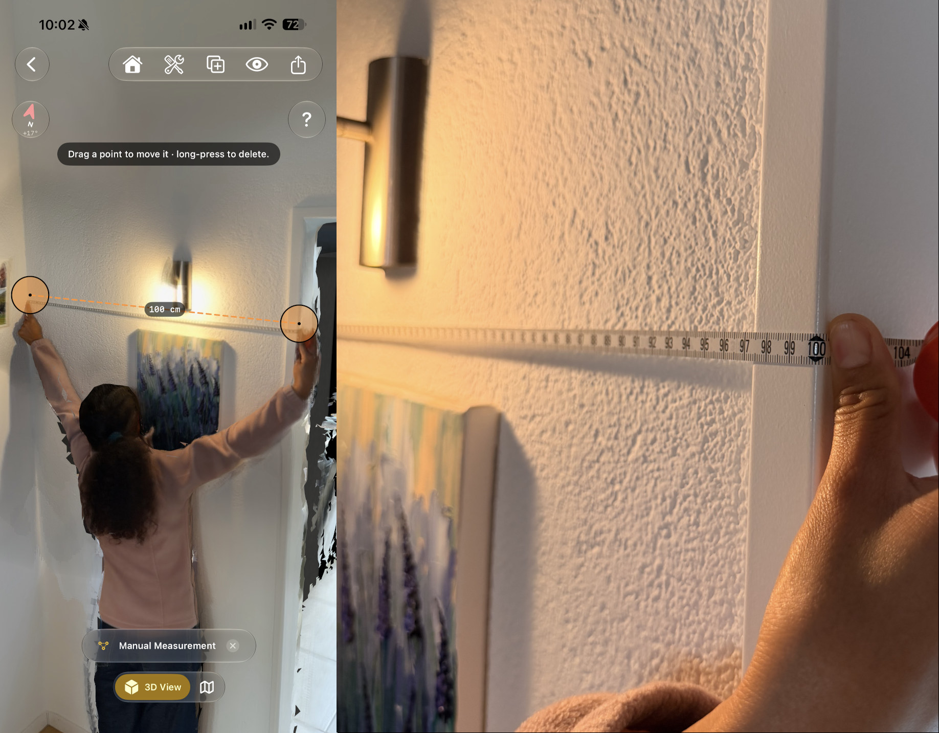 Links: Das Werkzeug „Manuelle Messung“ in FloorLens zeigt 100 cm zwischen zwei Punkten auf einer gescannten Wand. Rechts: Ein Maßband an derselben Wand zeigt 100 cm.